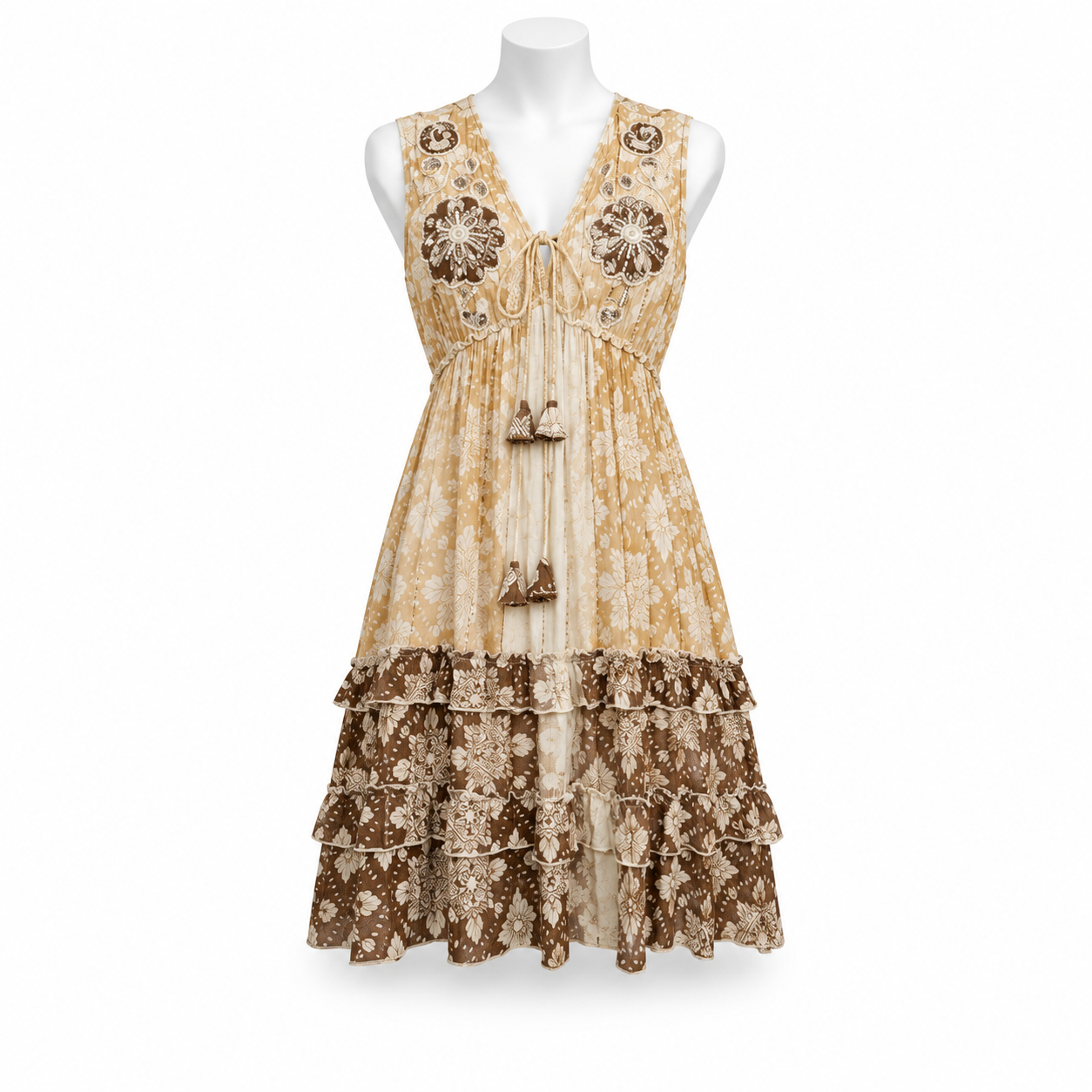 Style 11067 beige ivory and brown midi dress on a white mannequin