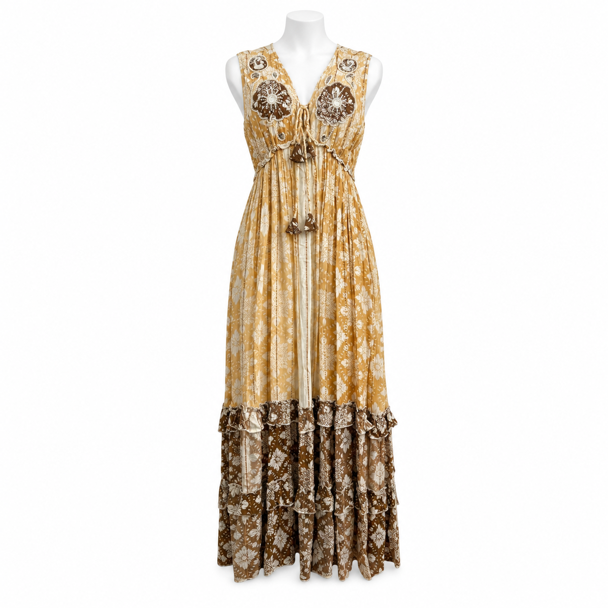 Style 11068 Beige sleeveless floral maxi dress on white headless mannequin