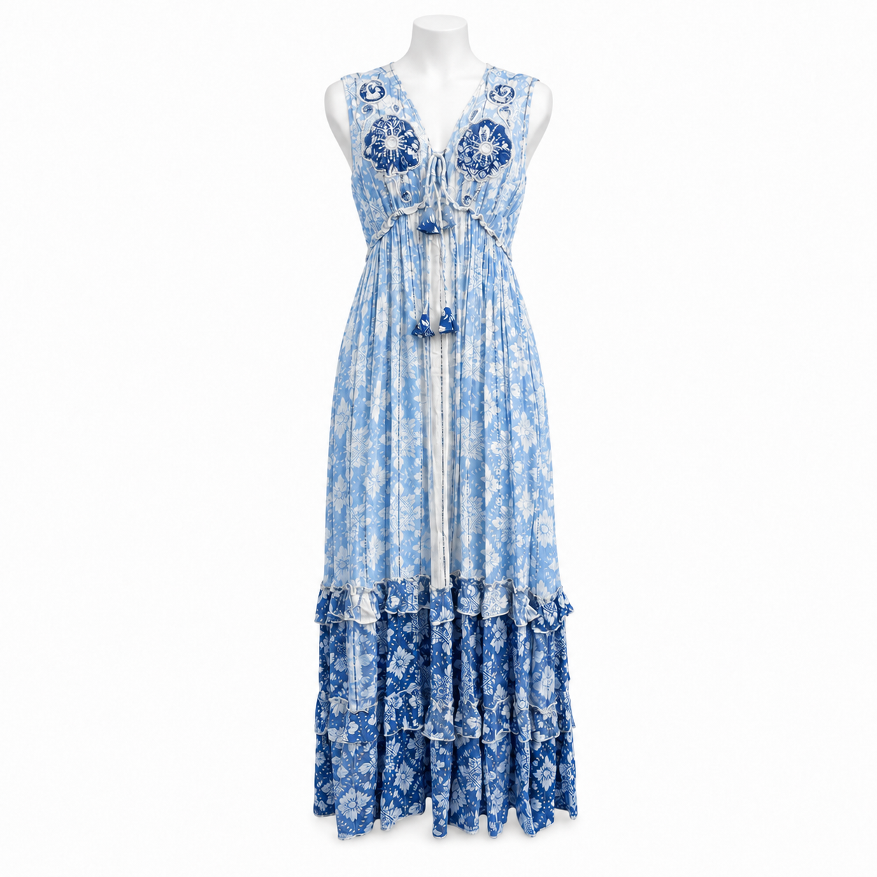 Style 11068 Blue sleeveless floral maxi dress on white headless mannequin