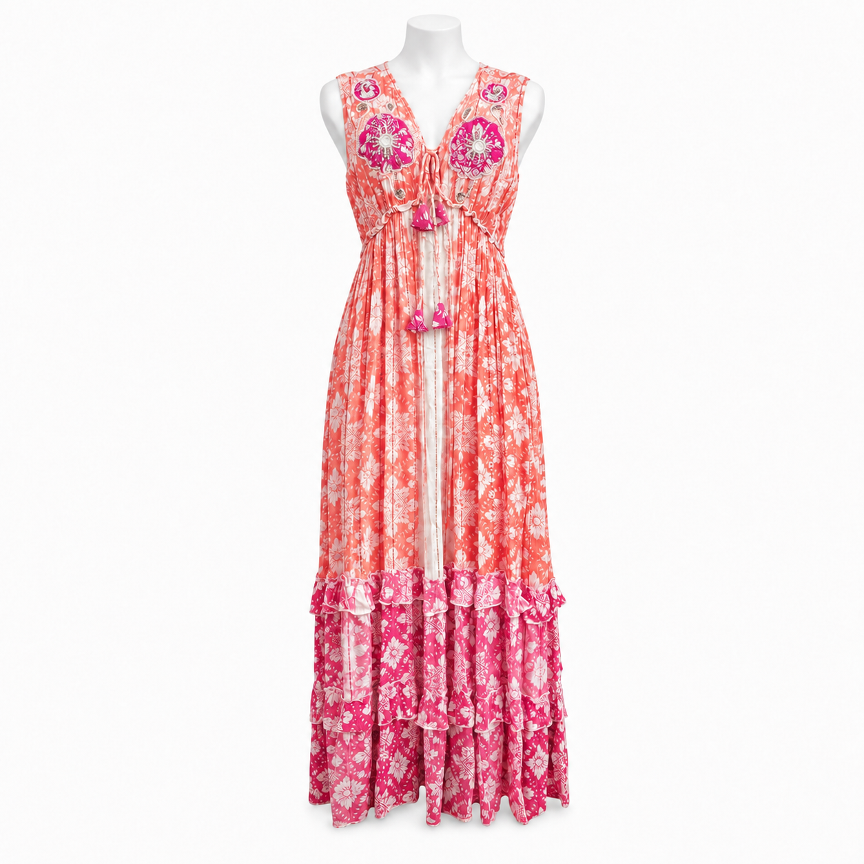 Style 11068 Coral/Pink sleeveless floral maxi dress on white headless mannequin