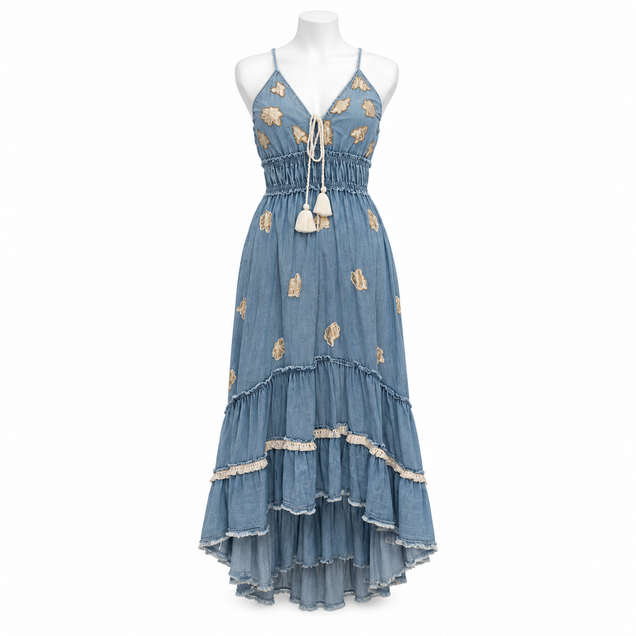 Style 11079 dusty blue and gold high-low maxi dress on a white mannequin