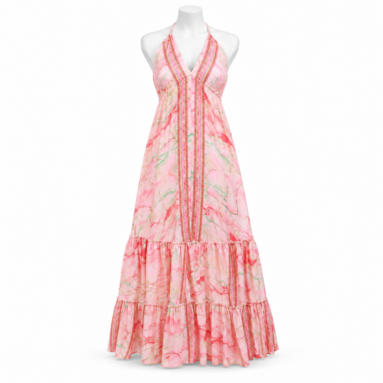 Style 11094 pink coral mint and gold long halter dress on a white mannequin