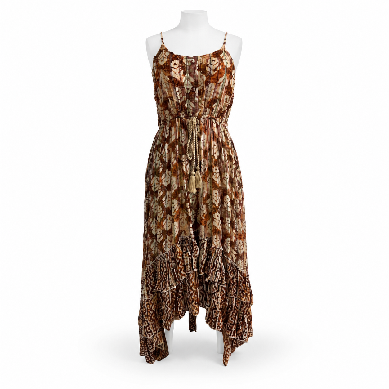 Style 11117 brown multicolor sleeveless maxi dress on white mannequin