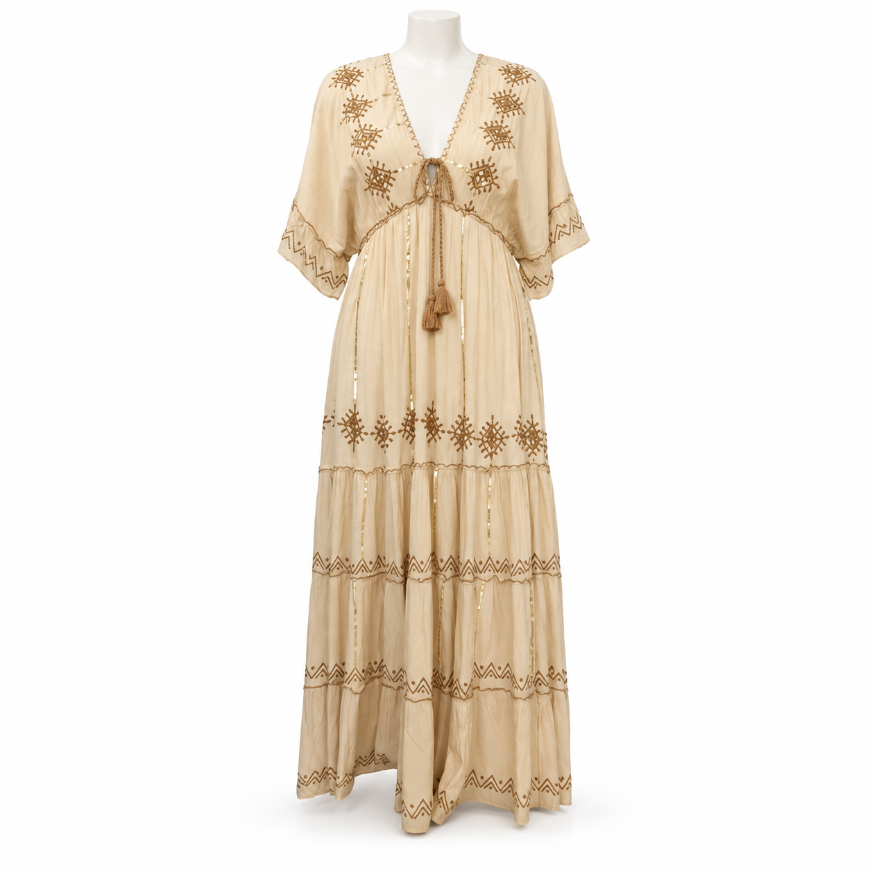 Style 11128 beige embroidered long dress on white mannequin