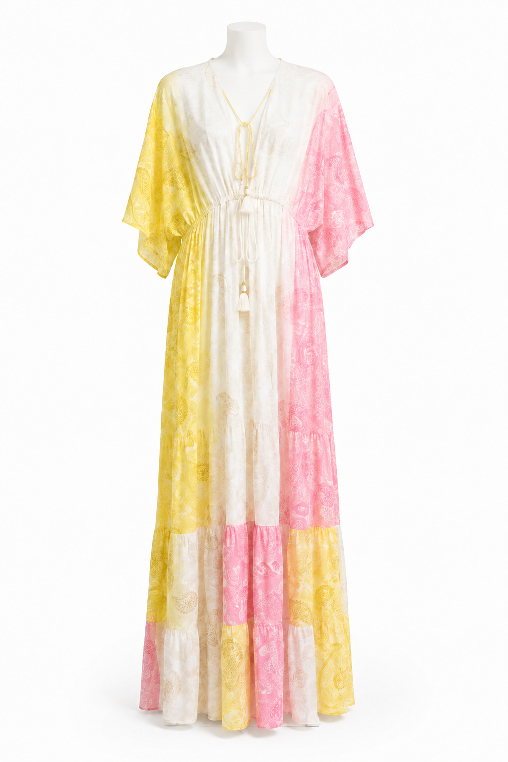 Style 11137 long yellow pink and white printed dress with loose flowy elbow-length sleeves on a white mannequin