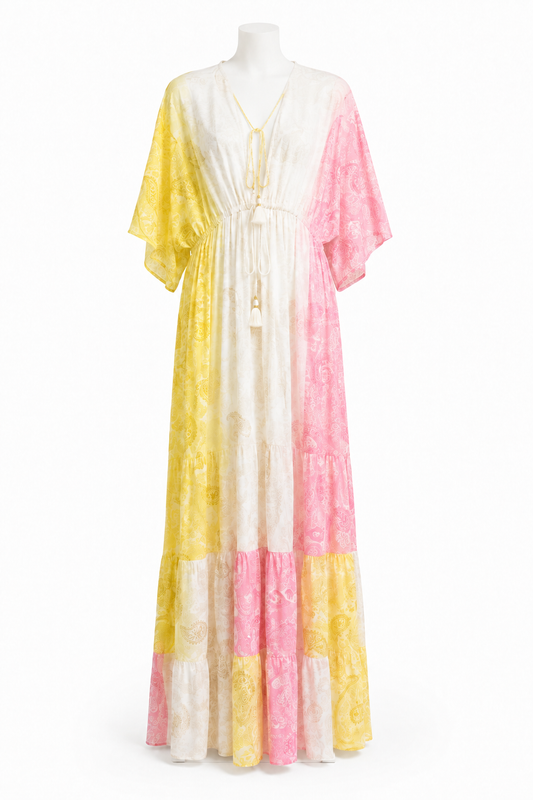 Style 11137 long yellow pink and white printed dress with loose flowy elbow-length sleeves on a white mannequin