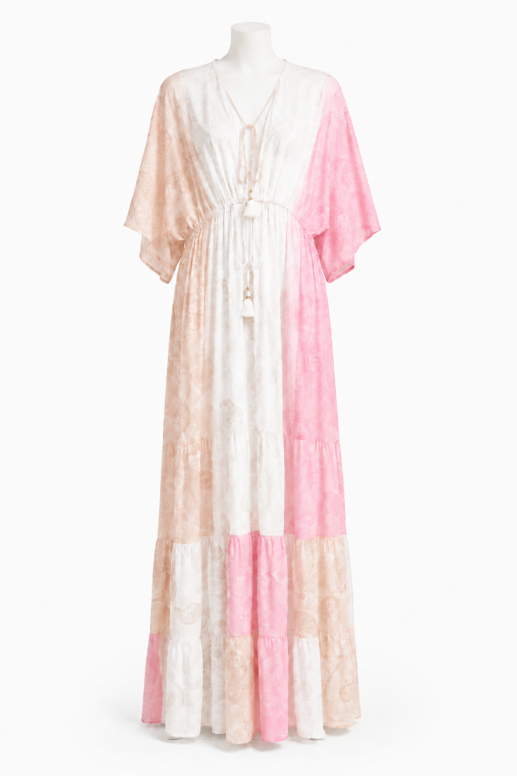 Style 11137 long pink beige and white printed dress with loose flowy elbow-length sleeves on a white mannequin