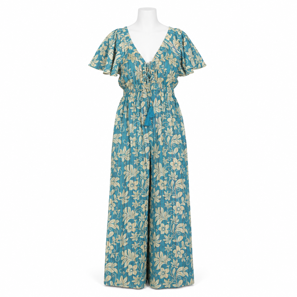 Style 11165 teal floral wide-leg jumpsuit on white headless mannequin