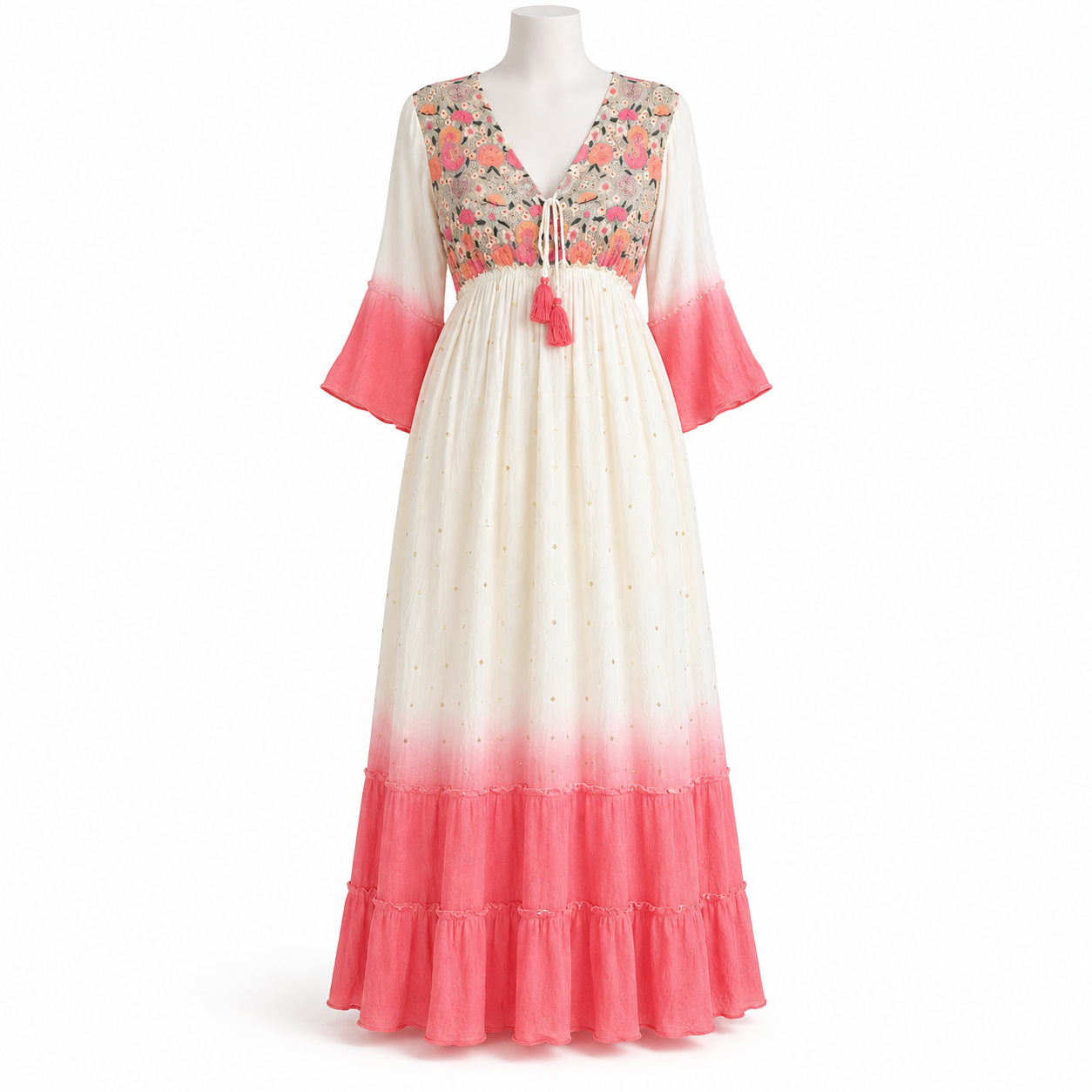 Style 11167 ivory and coral multicolor maxi dress on white mannequin