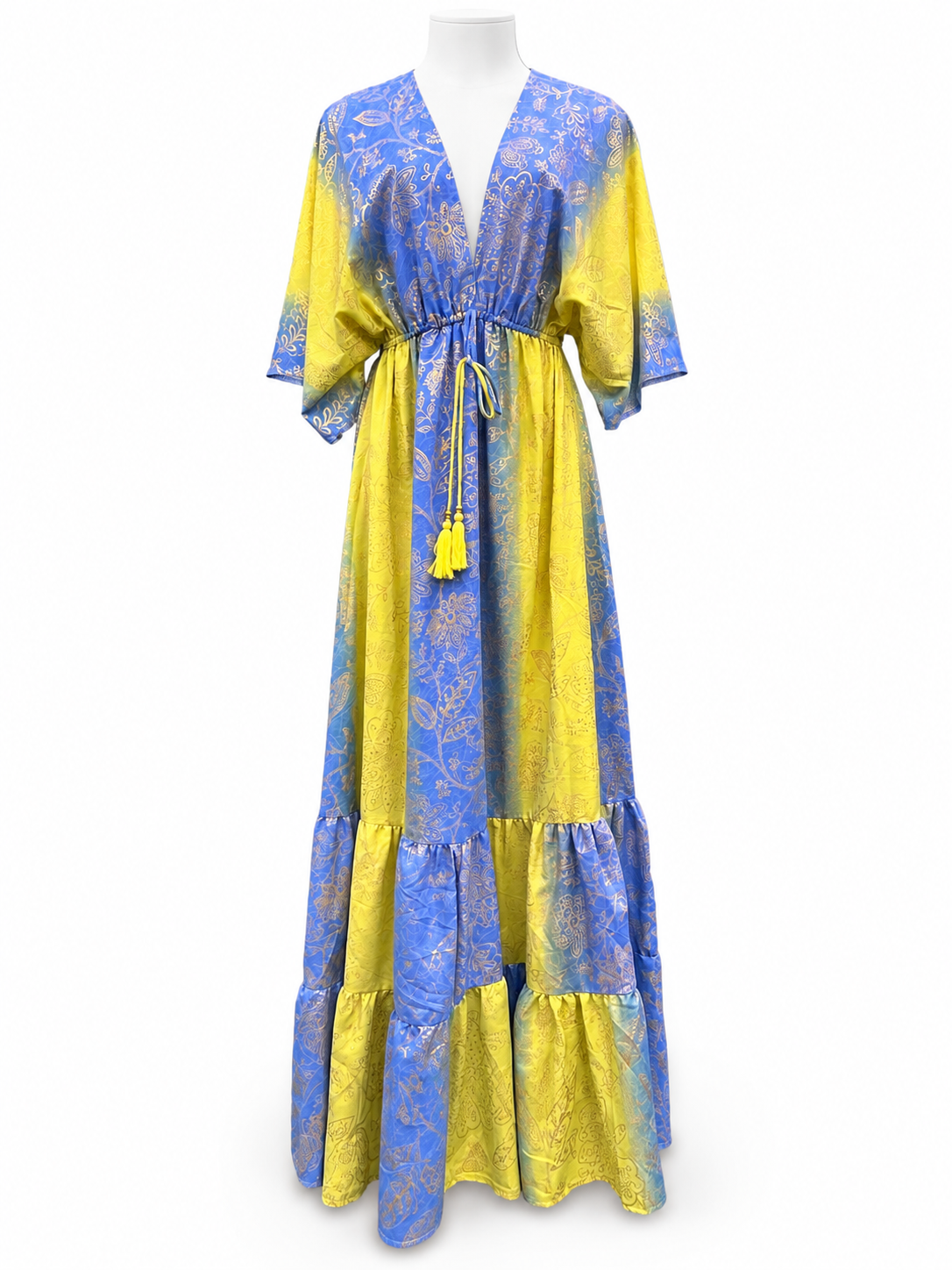 Style 11170 Blue and Yellow maxi dress on white headless mannequin