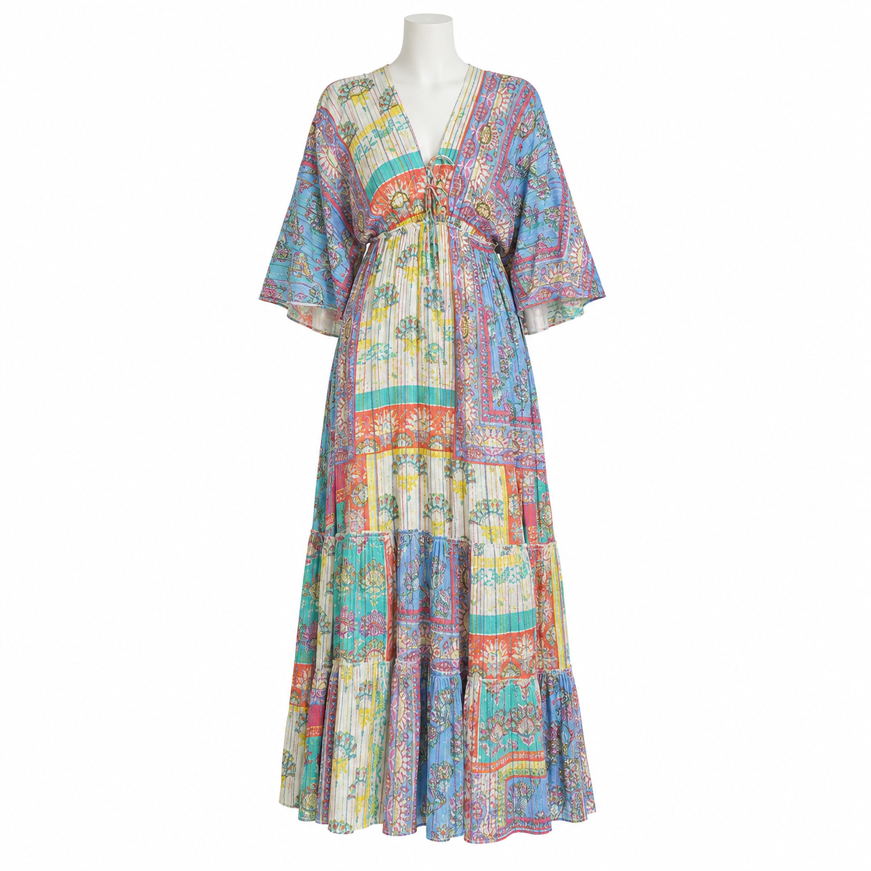 Style 11176 multicolor printed long dress on white mannequin