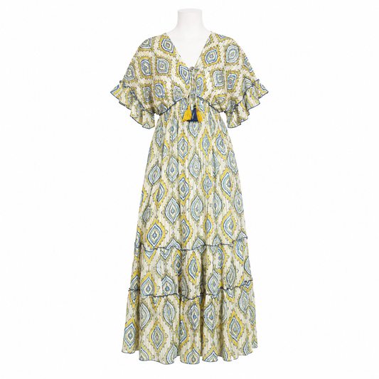 Style 11185 yellow and blue geometric print long dress on white headless mannequin