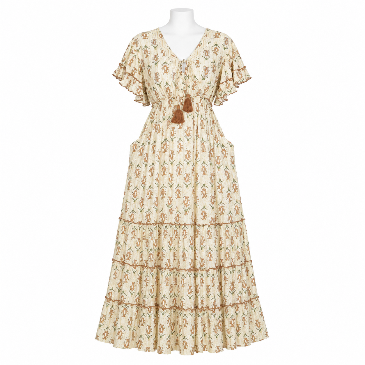 Style 11191 Beige long dress on white mannequin