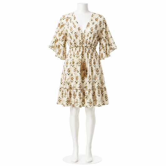 Style 11192 White and Mustard short dress on white mannequin