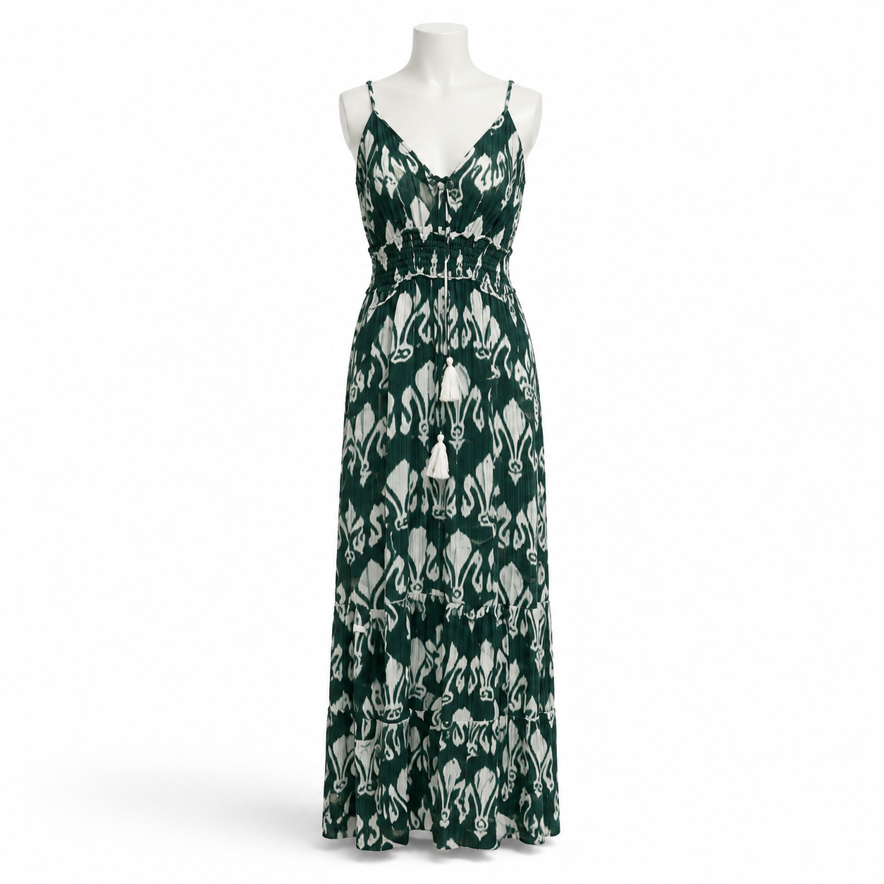 Style 11262 green sleeveless maxi dress on white mannequin