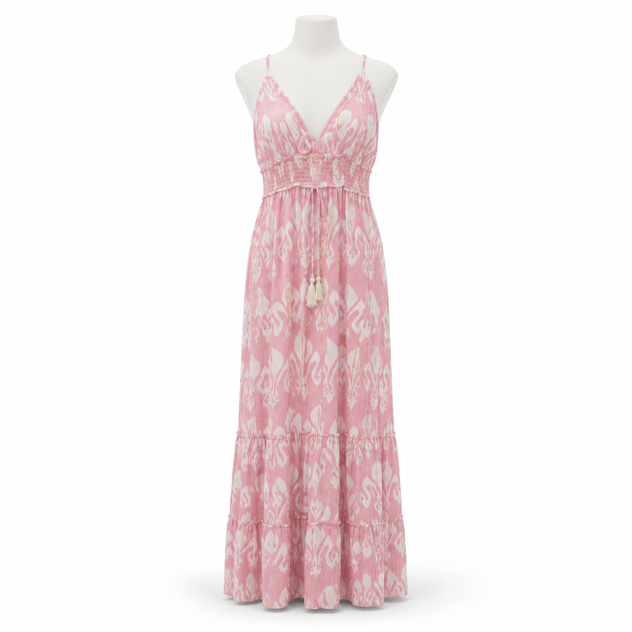 Style 11262 pink sleeveless maxi dress on white mannequin