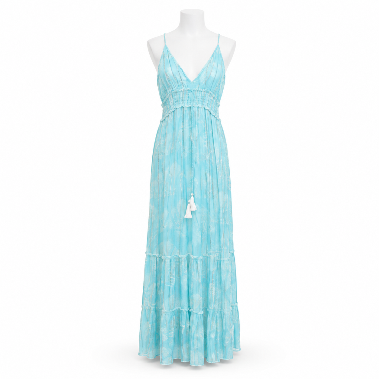 Style 11262 turquoise sleeveless maxi dress on white mannequin