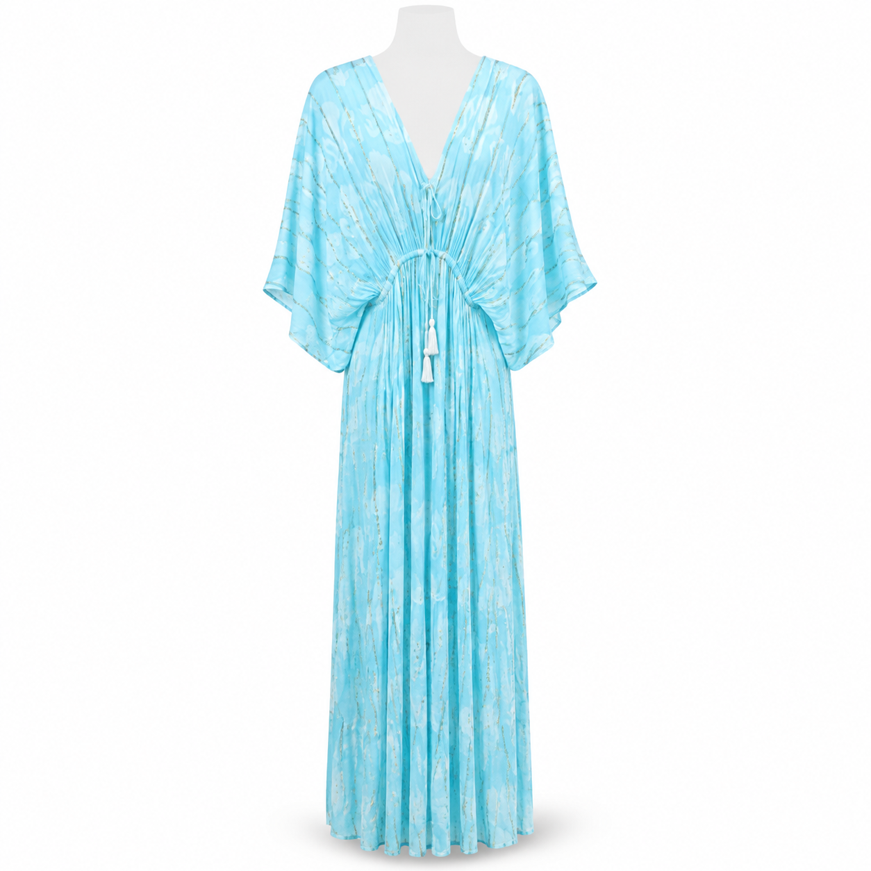 Style 11264 turquoise maxi dress on white mannequin