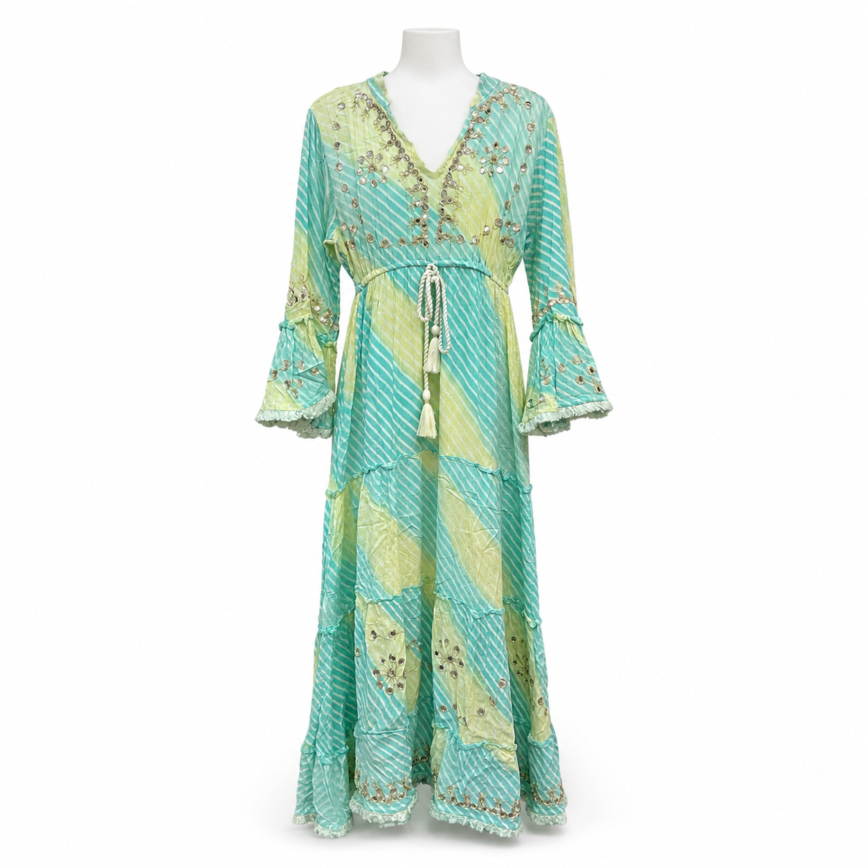 Style 2403 Turquoise and Lime long tiered dress on a white headless mannequin