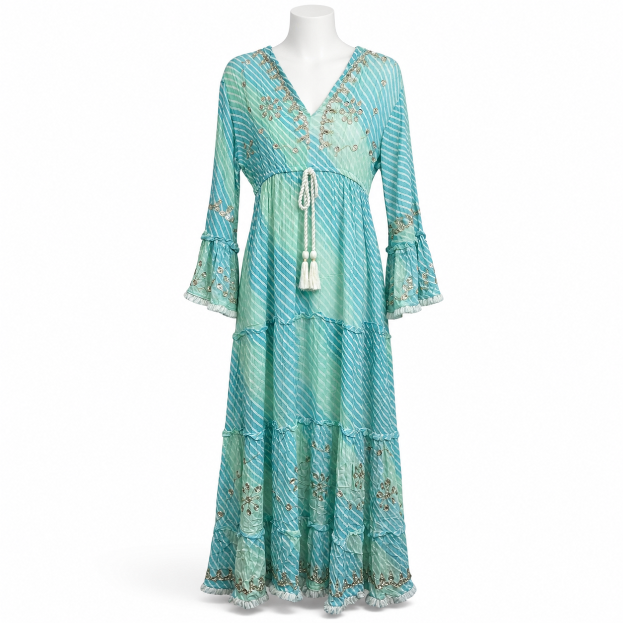 Style 2403 Turquoise long tiered dress on a white headless mannequin