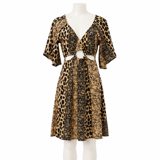 Style 4683 Beige and Black short dress on white mannequin