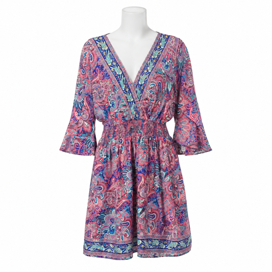 Style KW-1002 short pink and blue paisley dress on a white mannequin