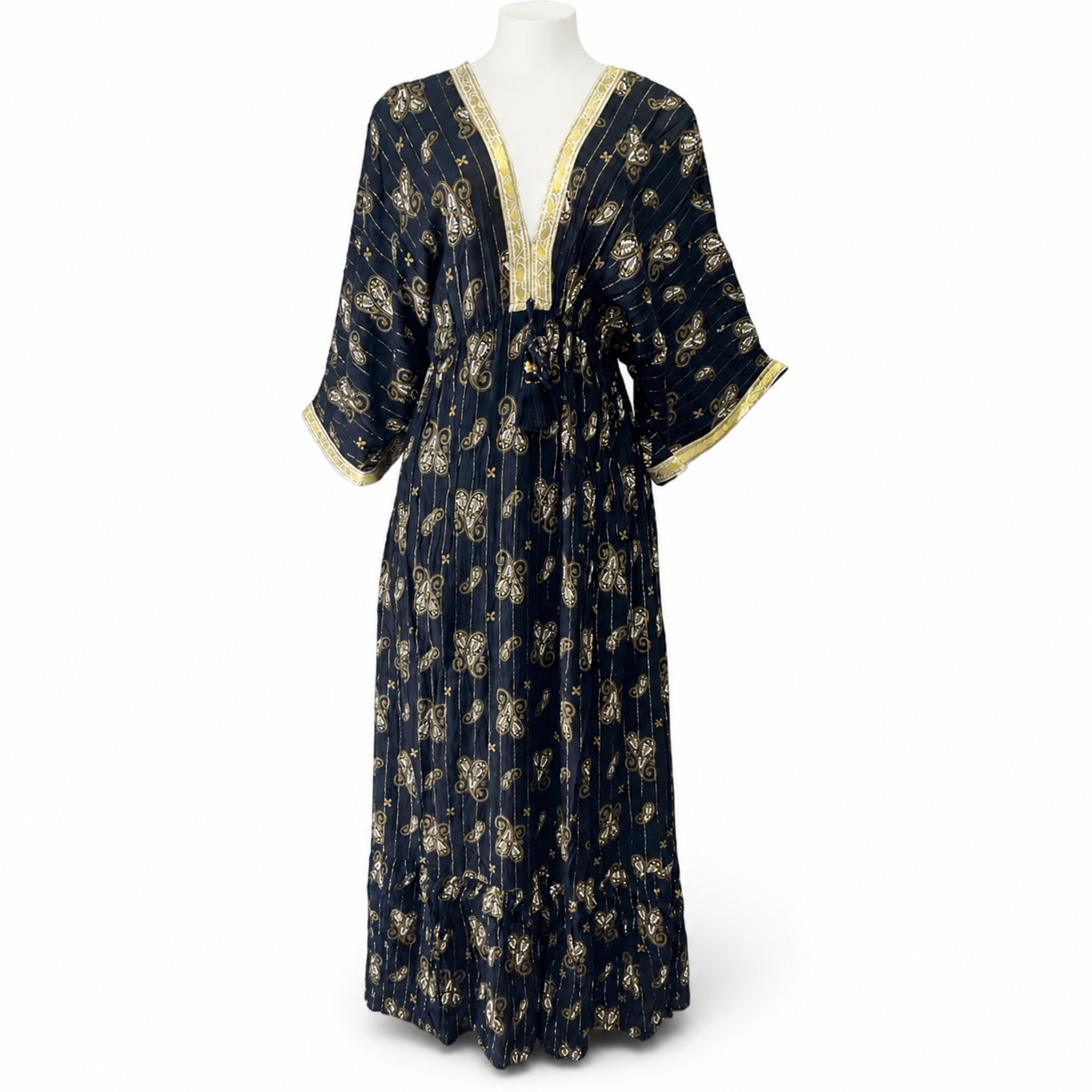 Style Z 120 Black long paisley dress on a white headless mannequin