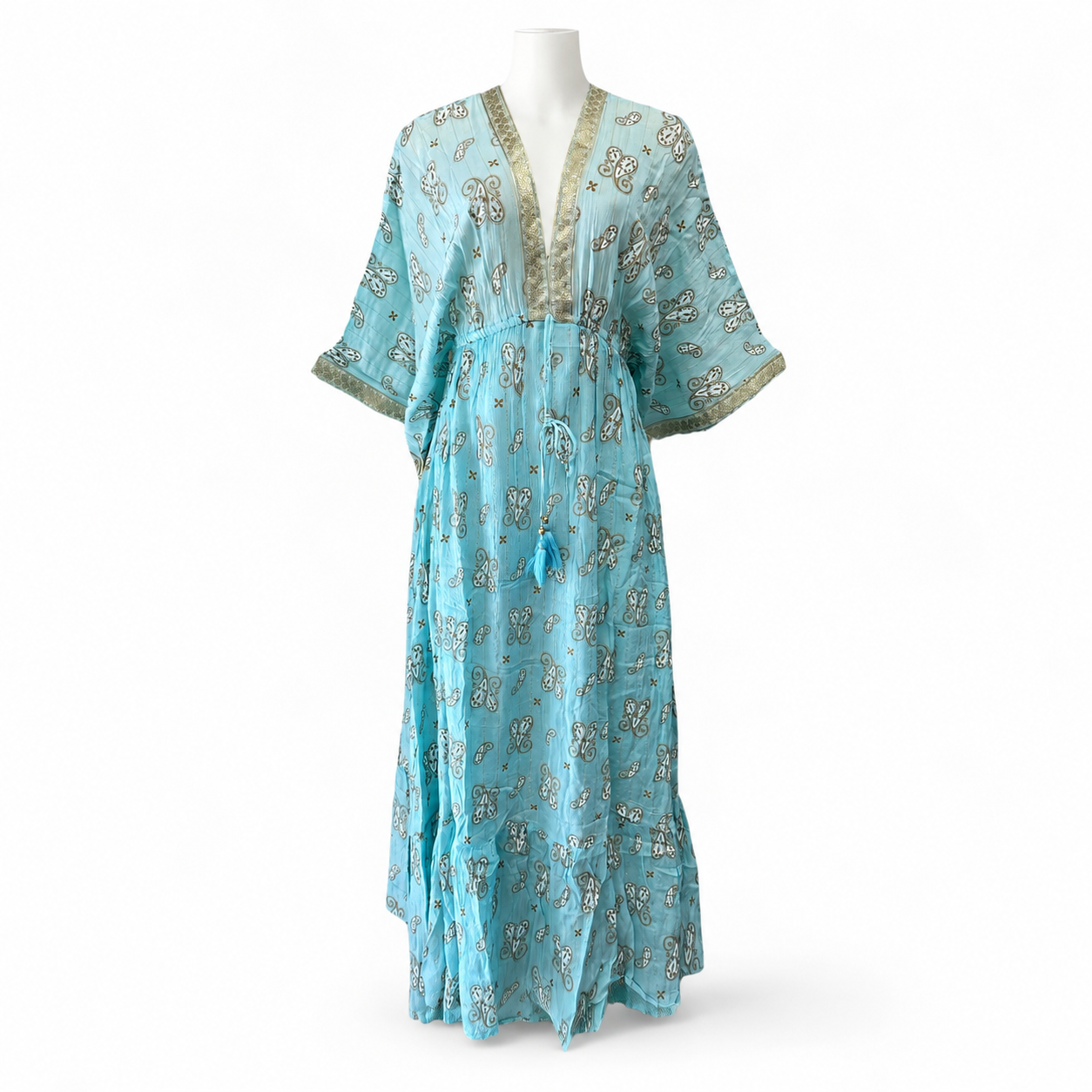 Style Z 120 Turquoise long paisley dress on a white headless mannequin