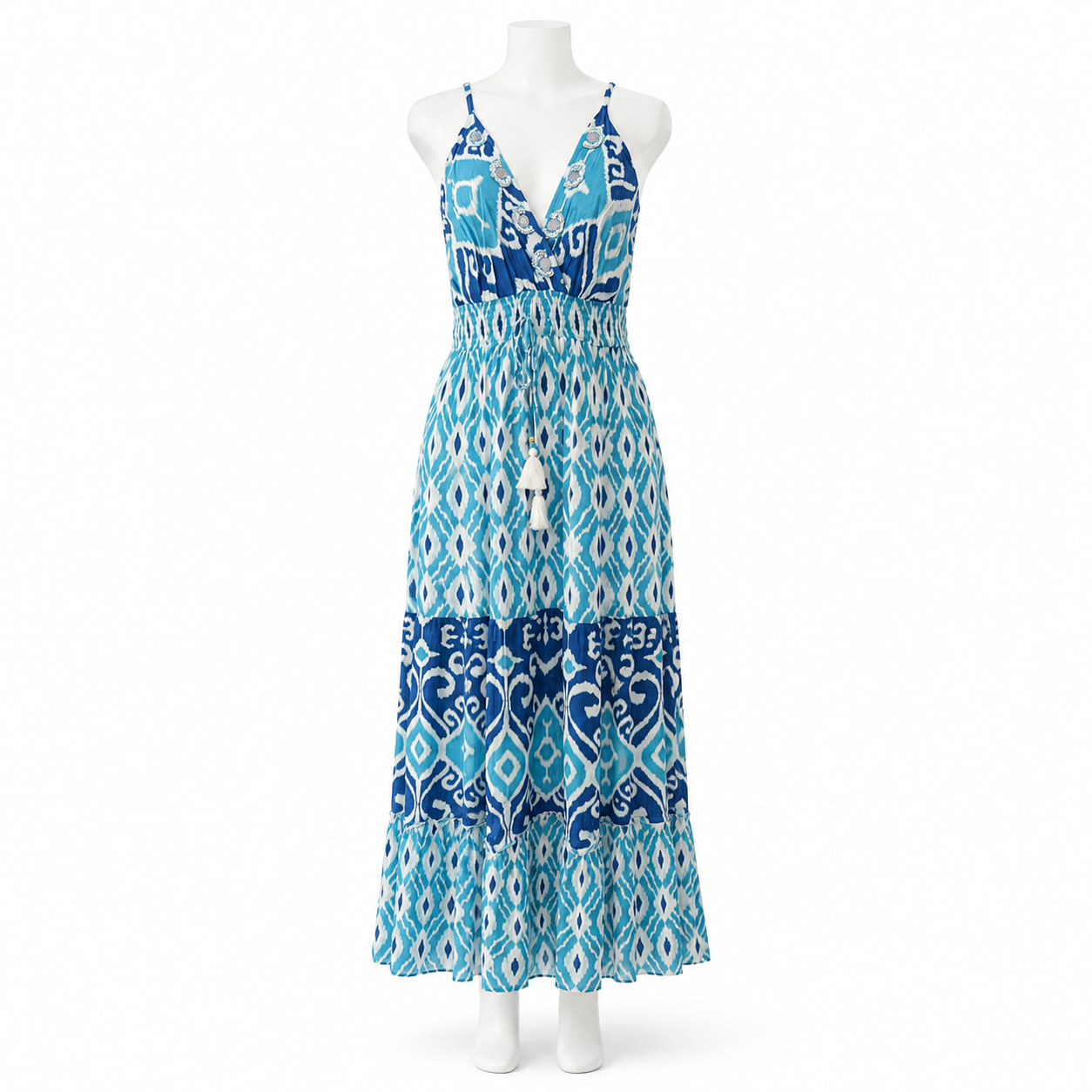 Style Z-174 Turquoise long sleeveless dress on white mannequin