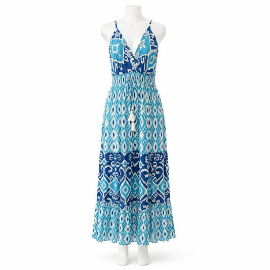 Style Z-174 Turquoise long sleeveless dress on white mannequin