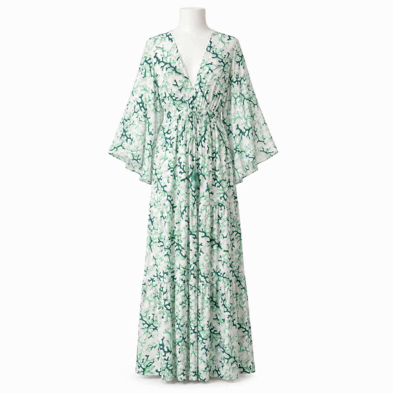 Style Z-199 long green printed dress with loose flowy sleeves on a white mannequin