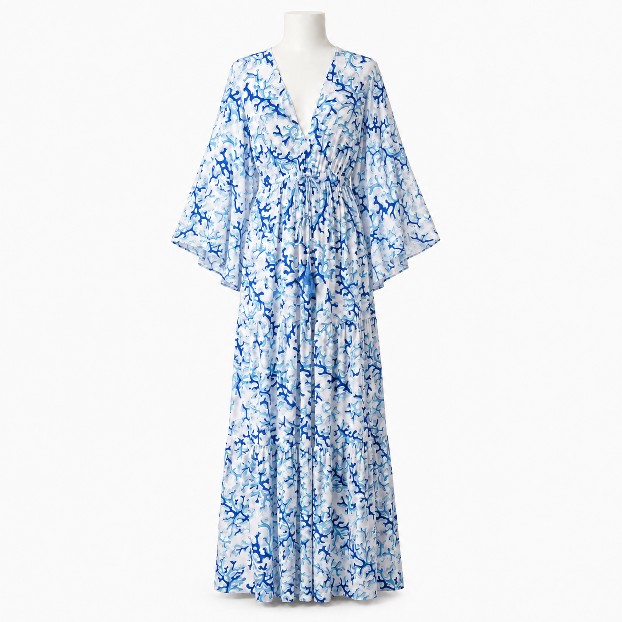 Style Z-199 long blue and turquoise printed dress with loose flowy sleeves on a white mannequin