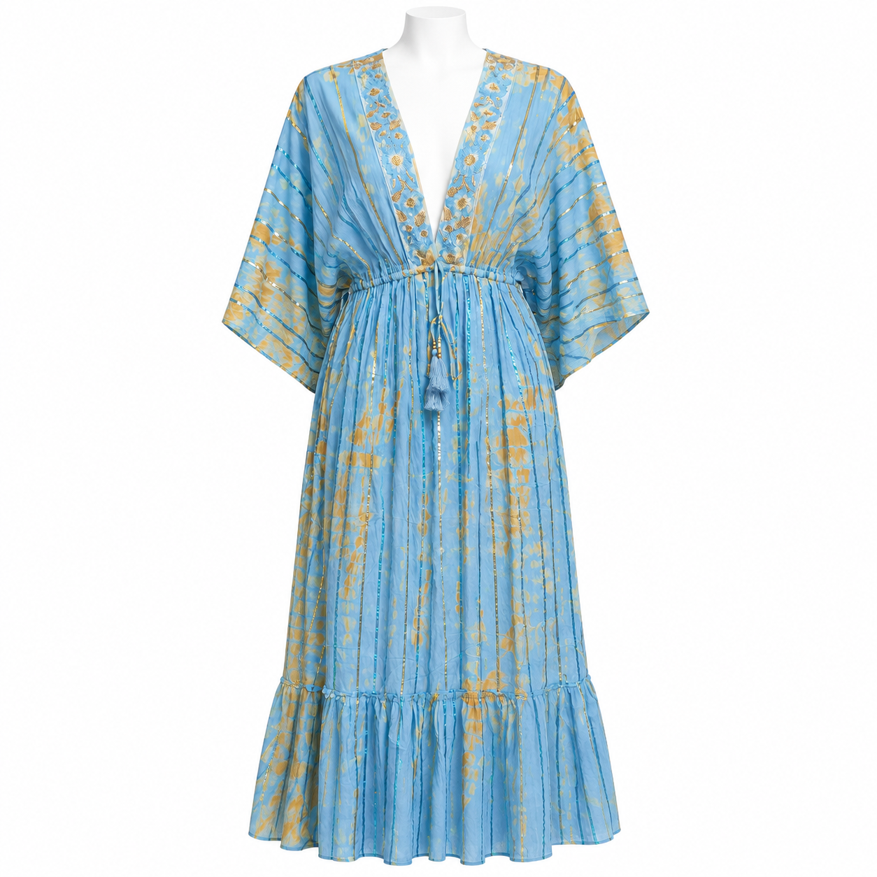 Style Z172 Blue and Gold long dress on white mannequin