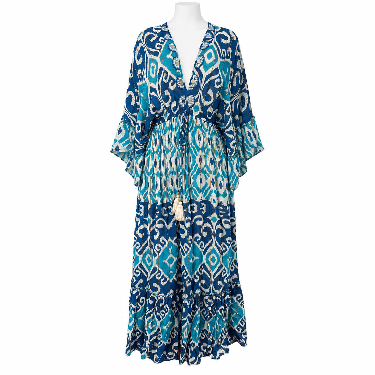 Style Z176 Blue and Turquoise long dress on white mannequin
